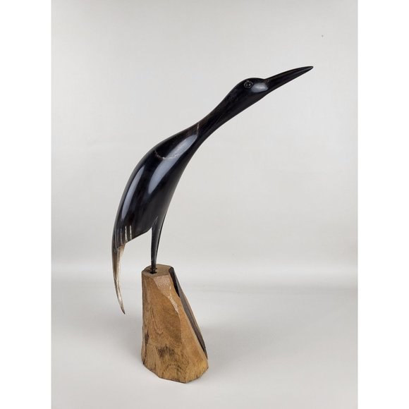 Crane Bird Hand Carved Horn Sculpture on Wood Base MCM Artist Marked - Picture 5 of 12